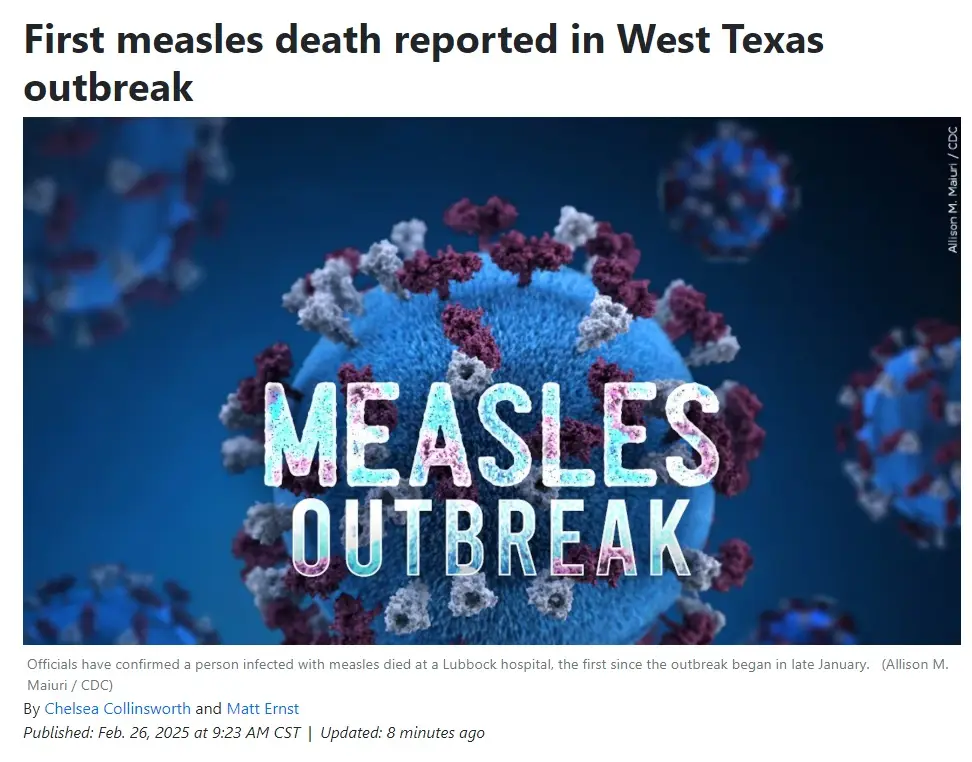 A news article screenshot shows a headline about a measles outbreak in West Texas, with a large image of a blue virus…