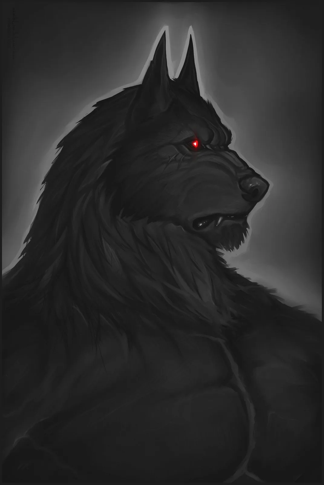 A dark, moody digital painting shows the side profile of a large, black-furred wolf with glowing red eyes and sharp teeth…