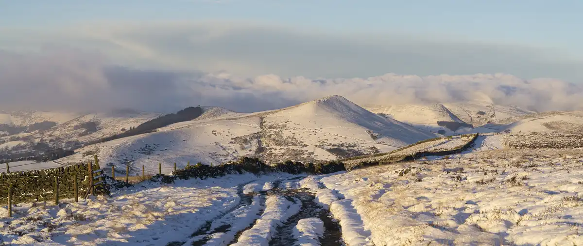 A scenic snowy landscape with rolling hills, stone walls, and a muddy path through snow, overlaid with the text 'i'm not…
