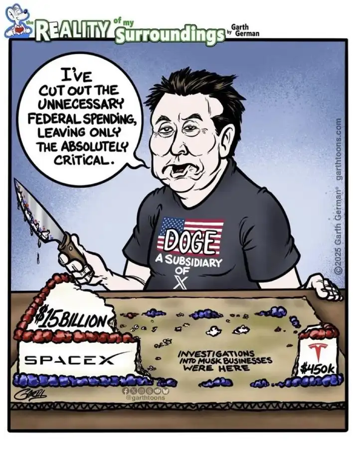 A cartoon depicts a caricature of Elon Musk, wearing a t-shirt that reads 'DOGE A SUBSIDIARY OF X', cutting into a large…