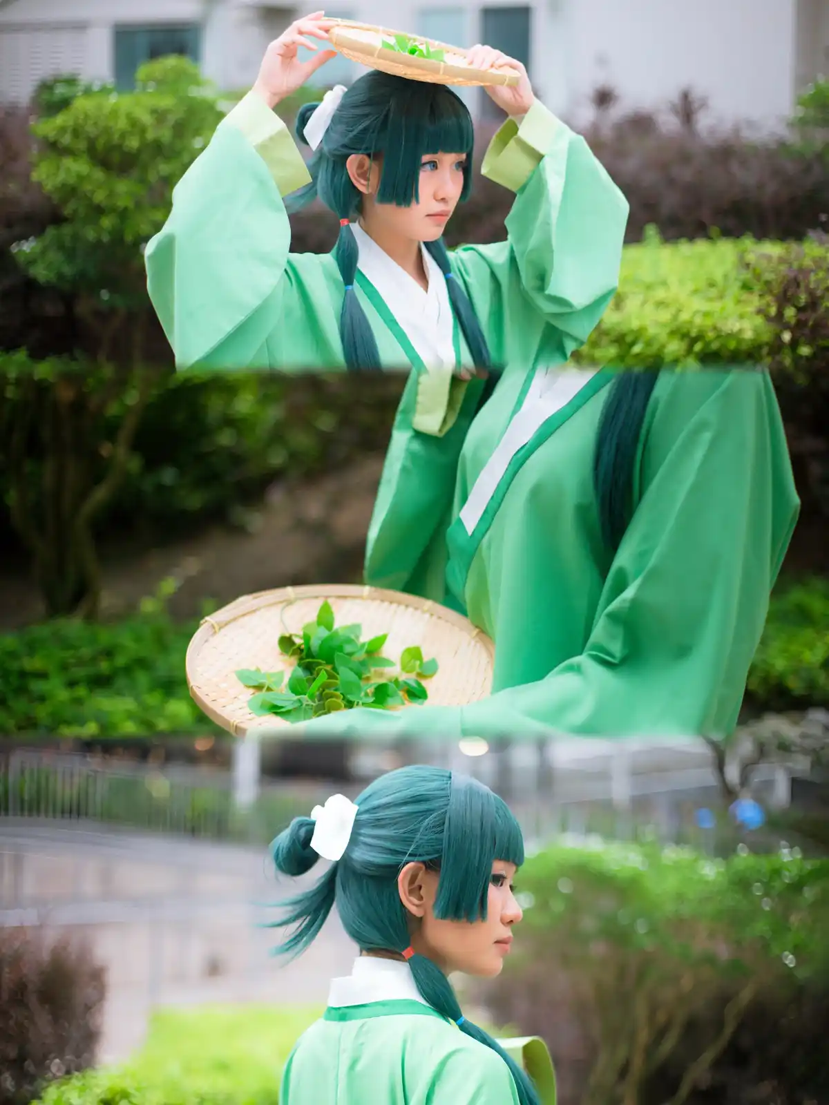 A person in a green traditional outfit with teal hair styled in pigtails holds a woven basket of green tea leaves above…