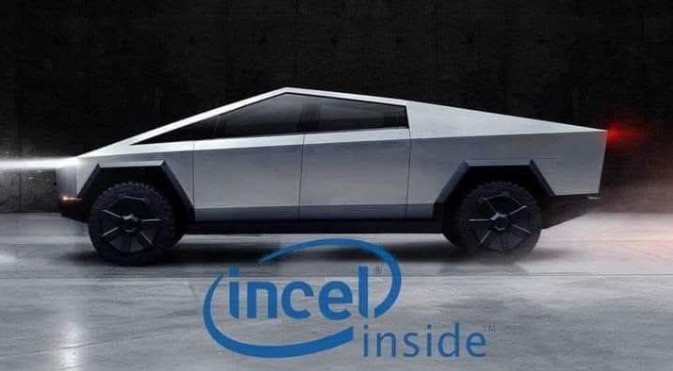 A silver Tesla Cybertruck is shown in profile against a dark, gritty background with a red taillight glowing. The iconic…
