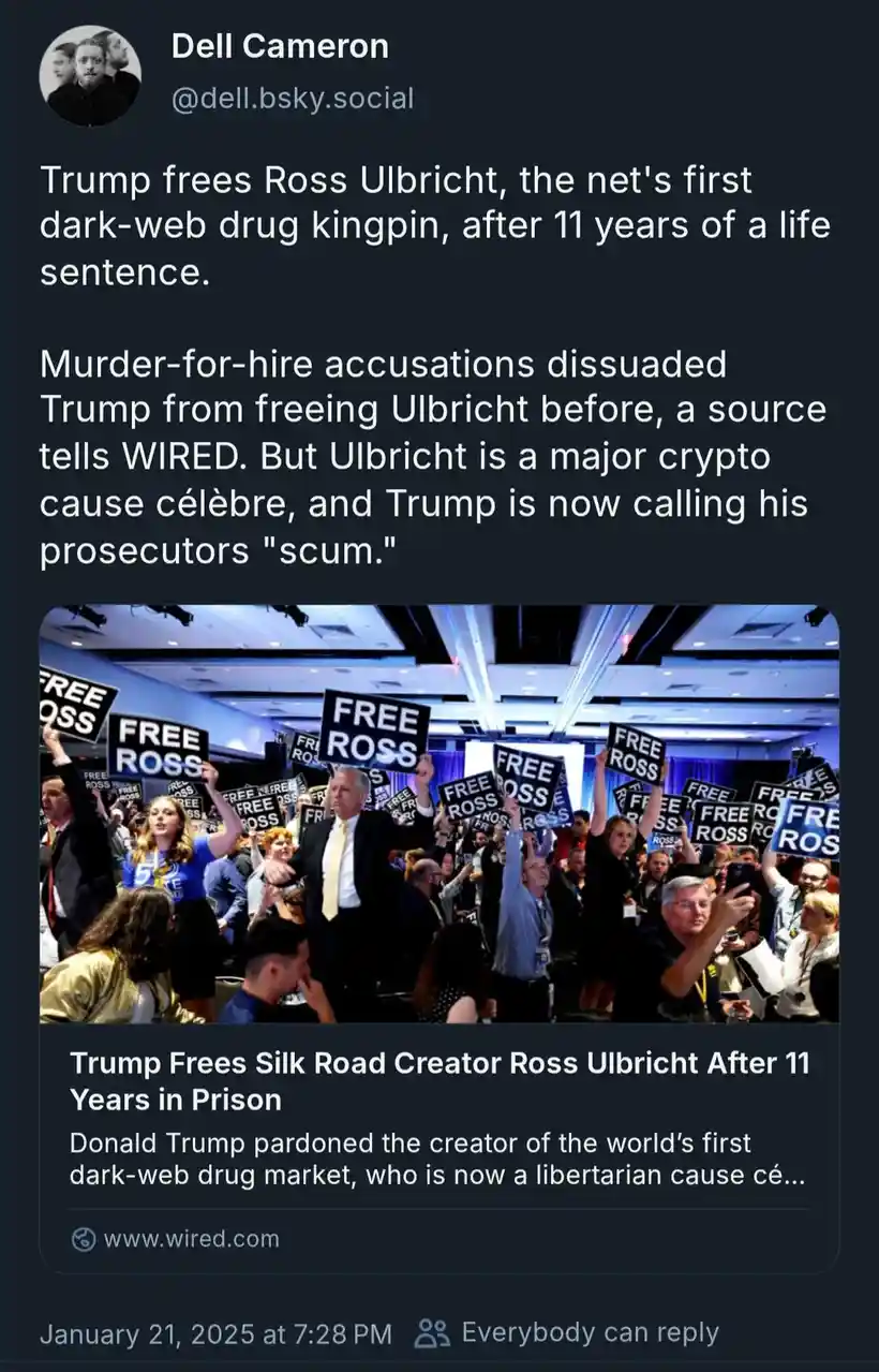 A screenshot of a social media post by Dell Cameron shows a crowd holding 'FREE ROSS' signs, with overlaid text claiming…
