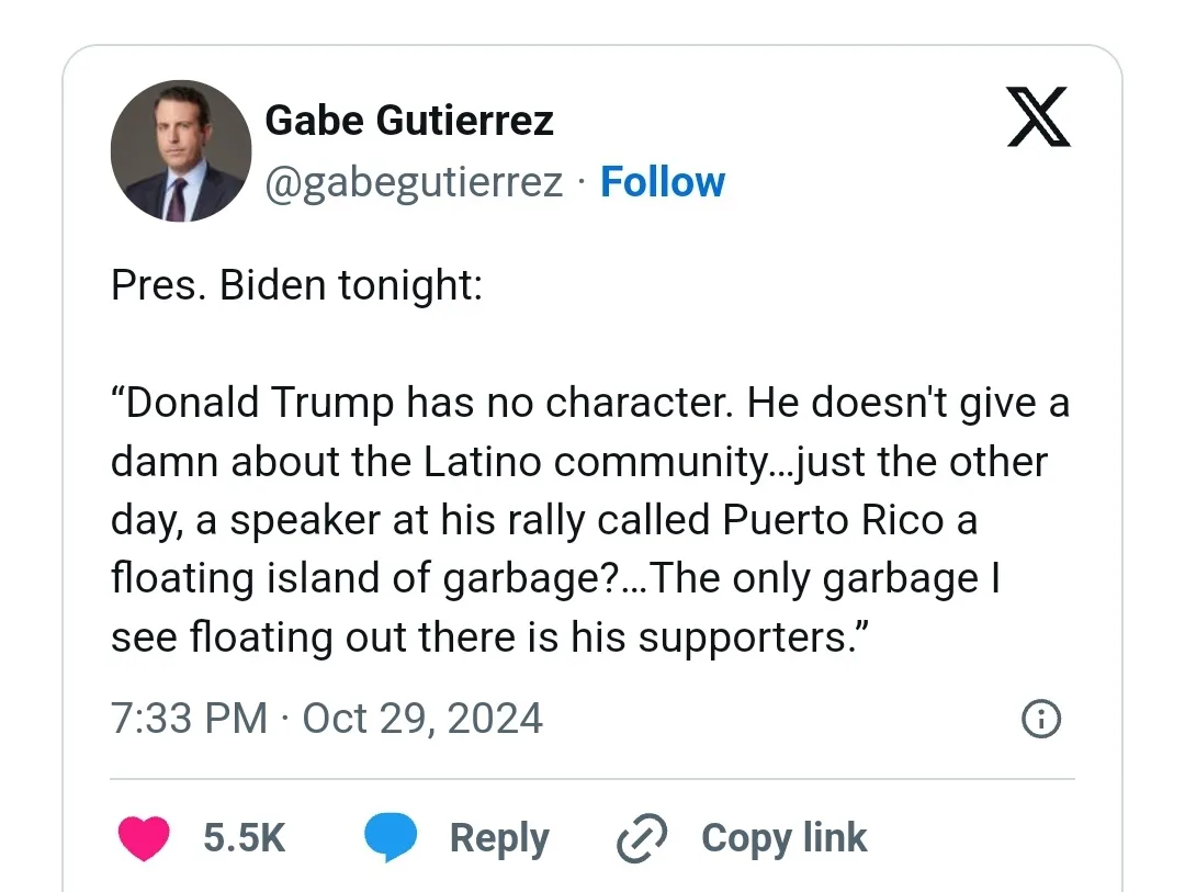 A screenshot of a tweet from Gabe Gutierrez showing a fictional quote attributed to President Biden, criticizing Donald…