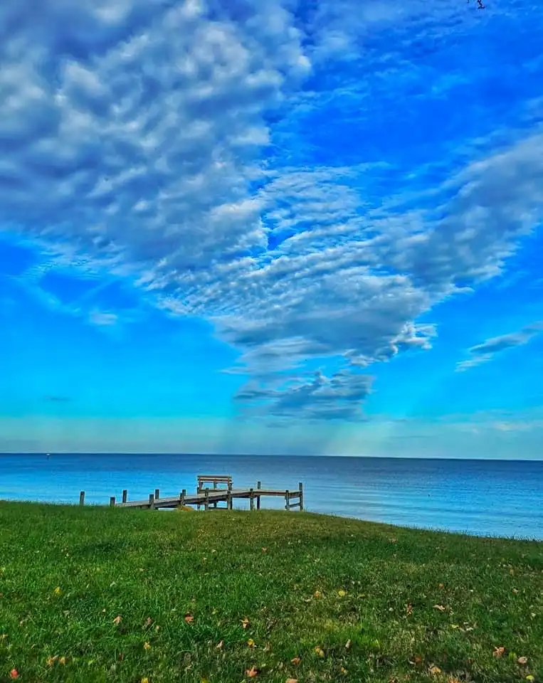 A serene landscape photo shows a grassy shore leading to a wooden pier extending into calm blue water under a vibrant blue…