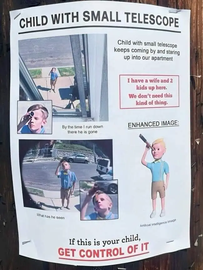 A printed flyer mimicking a missing person or neighborhood alert, featuring photos of a young boy with a small telescope…