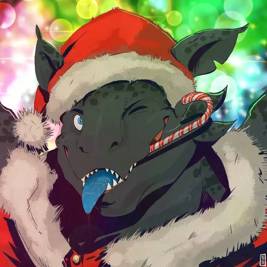 A dark green, spotted dragon-like creature with one blue eye and one closed eye wears a red Santa hat with white trim and a…