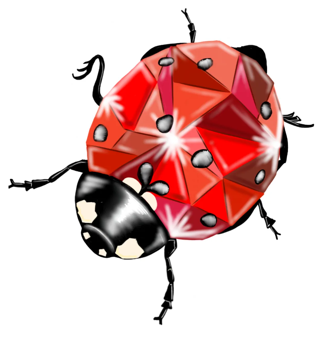 A stylized illustration of a ladybug with a red, faceted, gem-like shell that sparkles with light effects, black legs and…