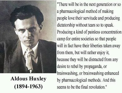 A black-and-white portrait of Aldous Huxley (1894-1963) is shown with a block of text overlaid on the right side, quoting…