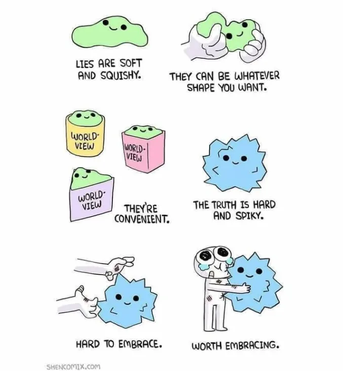 A six-panel comic strip uses soft, green, blob-like characters to represent lies, which are shown as malleable and…