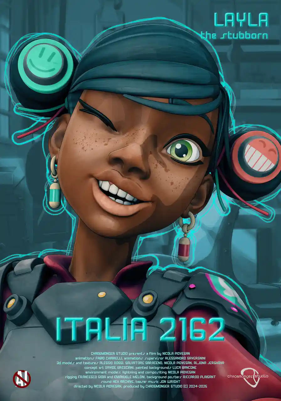 A stylized animated poster of a young Black woman with green eyes, wearing futuristic armor and a headband, with glowing…
