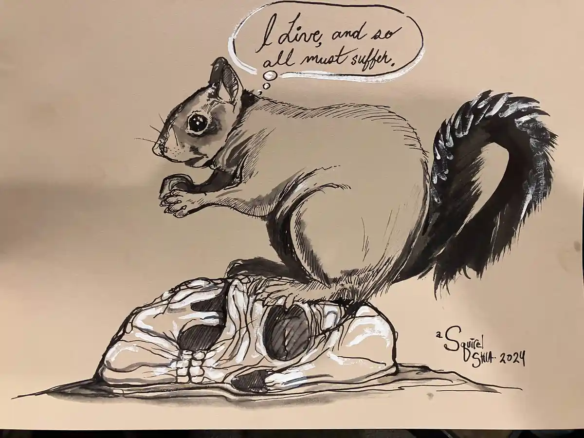 A hand-drawn illustration shows a squirrel sitting atop a human skull, holding a nut. A thought bubble above the squirrel…