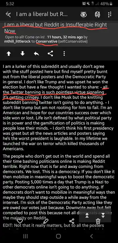 A screenshot of a Reddit post from the 'Conservative' subreddit, where the user 'mthill_littlerock' claims to be a liberal…