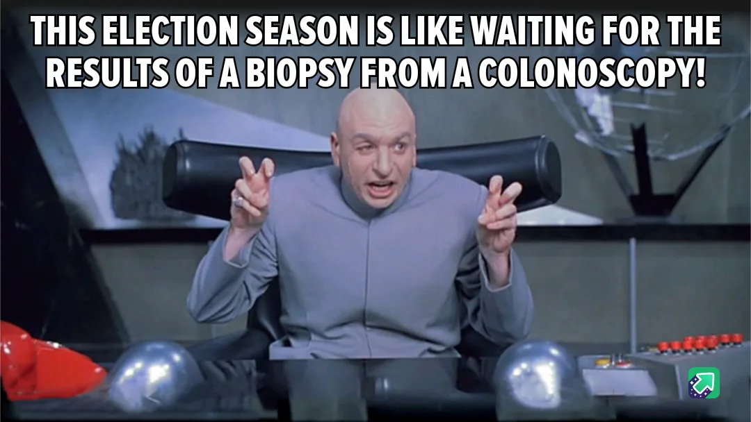 A bald man in a grey uniform sits in a futuristic chair with a shocked, frantic expression, hands raised with fingers…