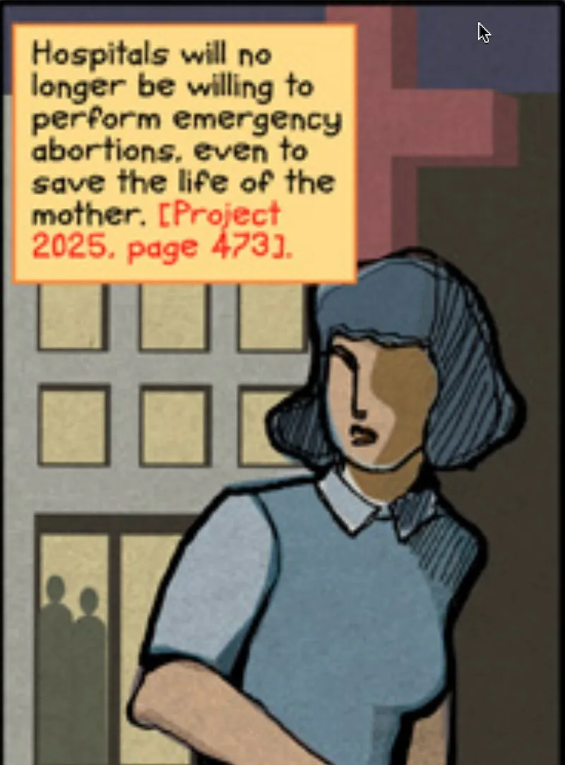 A pixel-art style illustration shows a woman with a concerned expression standing in front of a building with a cross…