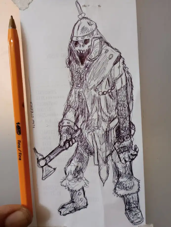 A hand-drawn sketch of a heavily armored, skull-faced warrior holding an axe, rendered in messy, overlapping black lines on…