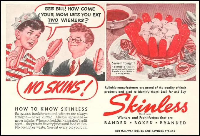 A vintage 1940s U.S. war bond advertisement for 'Skinless' frankfurters, featuring two boys in a cartoon style. One boy asks…