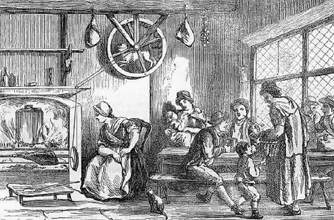 A vintage black-and-white illustration depicts a rustic interior scene with several people. A woman sits by a fireplace…
