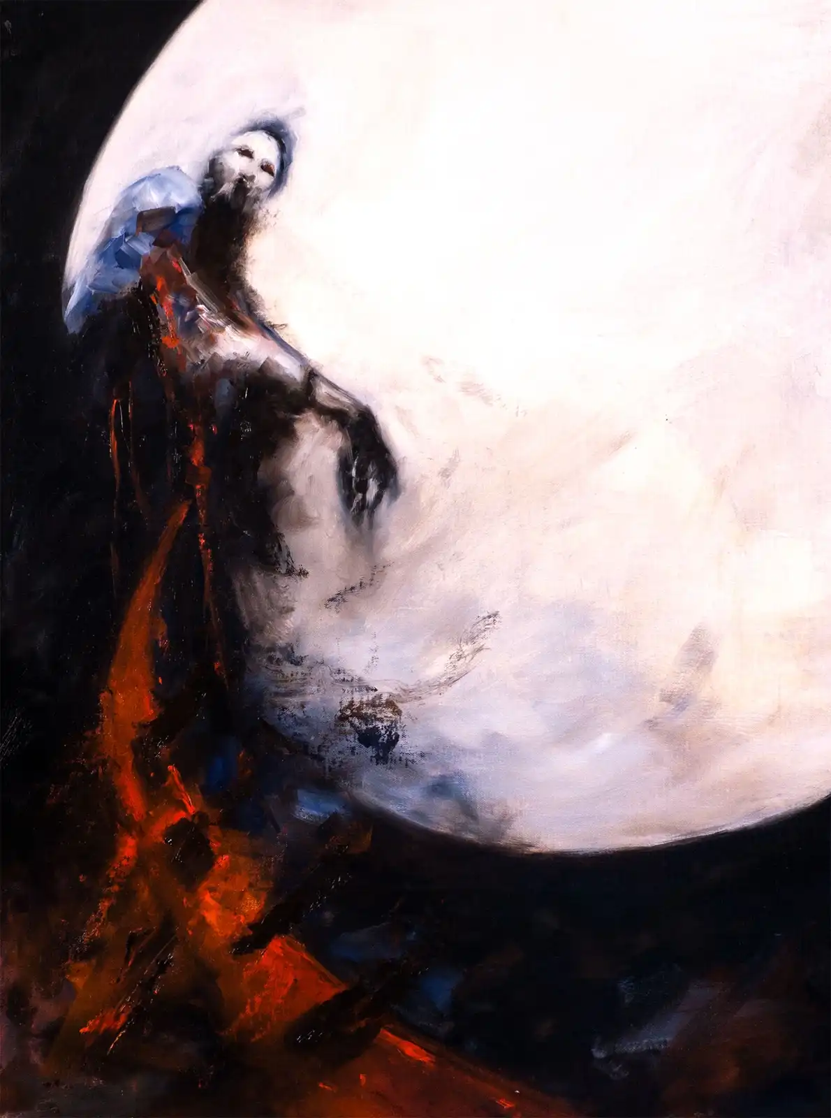 An abstract painting depicts a pale, ghostly figure with a white face and dark hair, seemingly emerging from or clinging to…