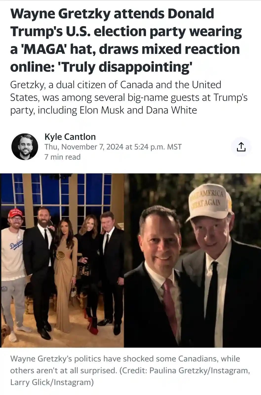 The image shows a split-screen. On the left, a group photo includes Wayne Gretzky (wearing a red 'Make America Great Again'…