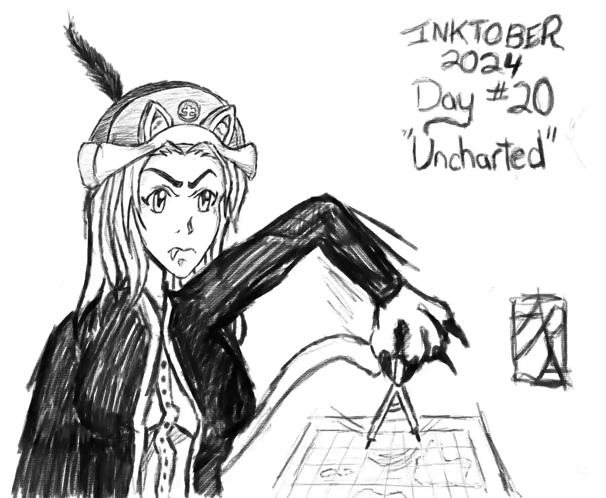 A black-and-white sketch of an anime-style character with cat ears and a feather, wearing a jacket and holding a compass…