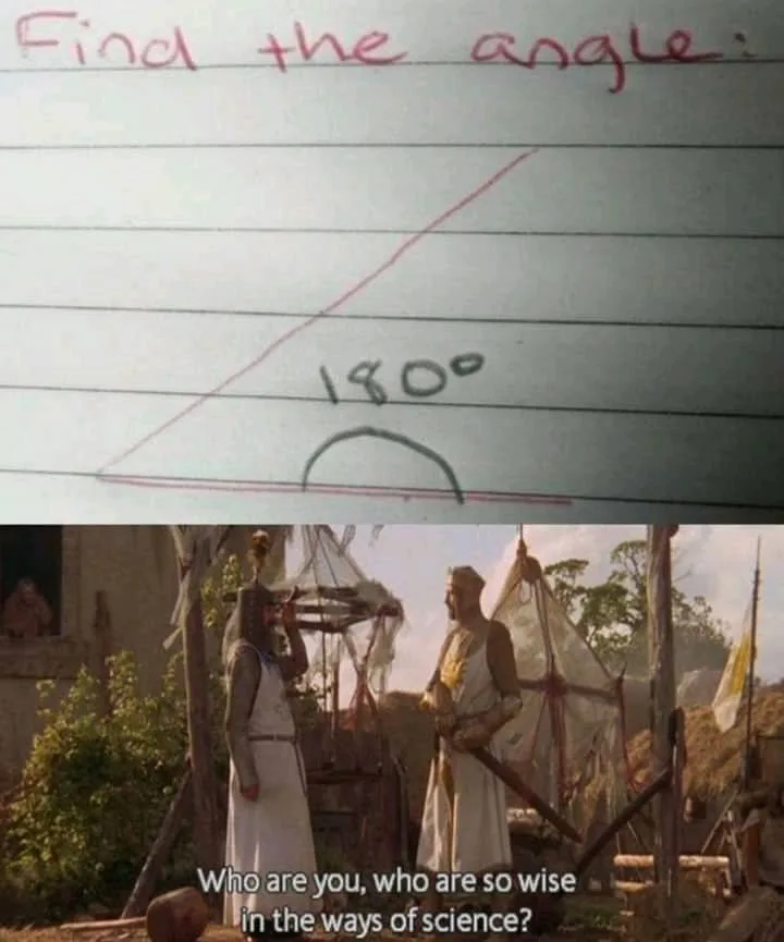 The top half shows a math problem on lined paper asking to 'Find the angle' with a straight line drawn and '180°' written…