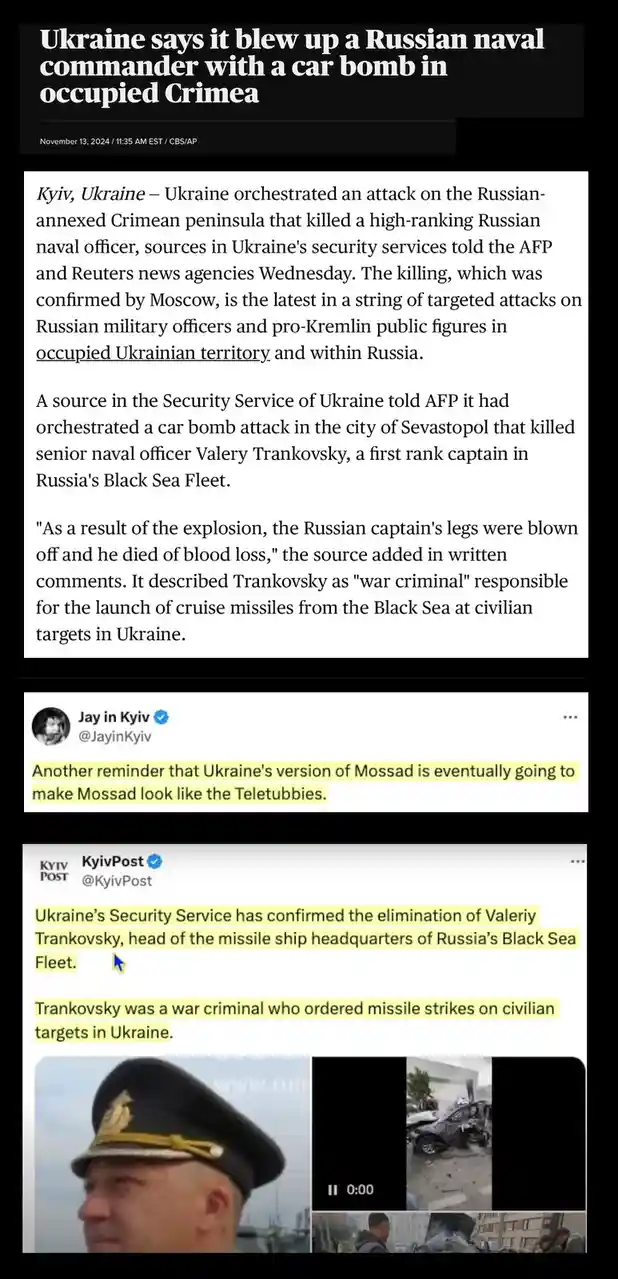 A screenshot of a news article about Ukraine killing a Russian naval commander with a car bomb is overlaid with a tweet from…