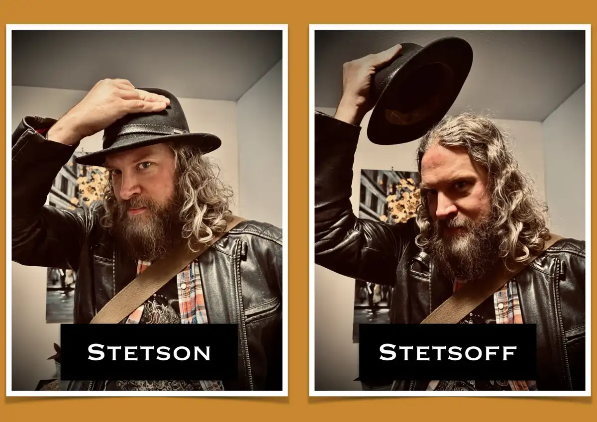 Two side-by-side photos of the same man with long curly hair and a beard, wearing a black leather jacket and a hat. In the…
