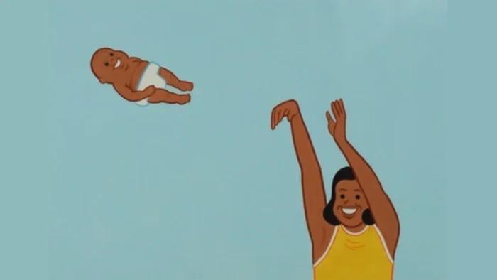An animated image shows a smiling woman in a yellow tank top throwing a baby in a diaper high into the air. The baby is…