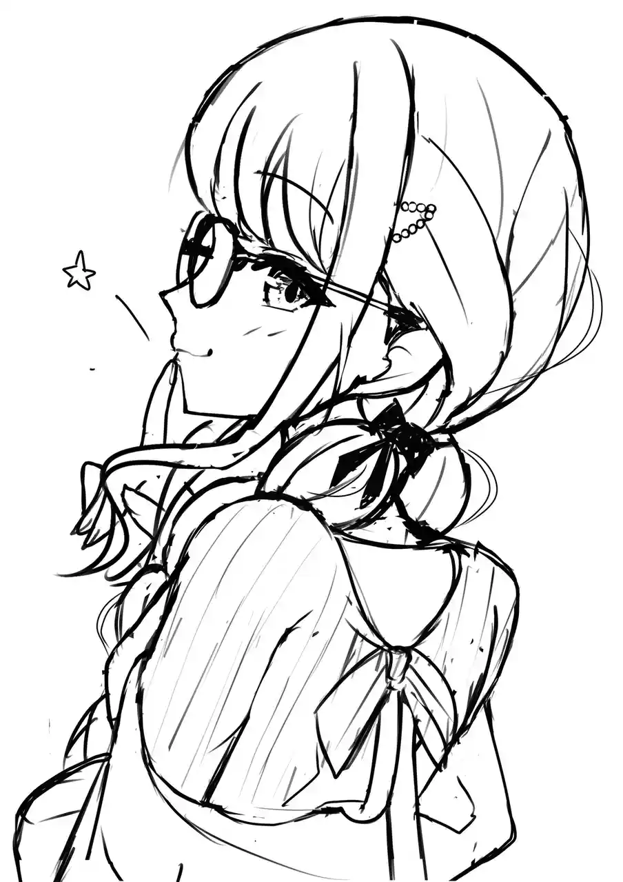 A black-and-white anime-style sketch shows a young girl with glasses, her hair in a high ponytail with a beaded hairpin…