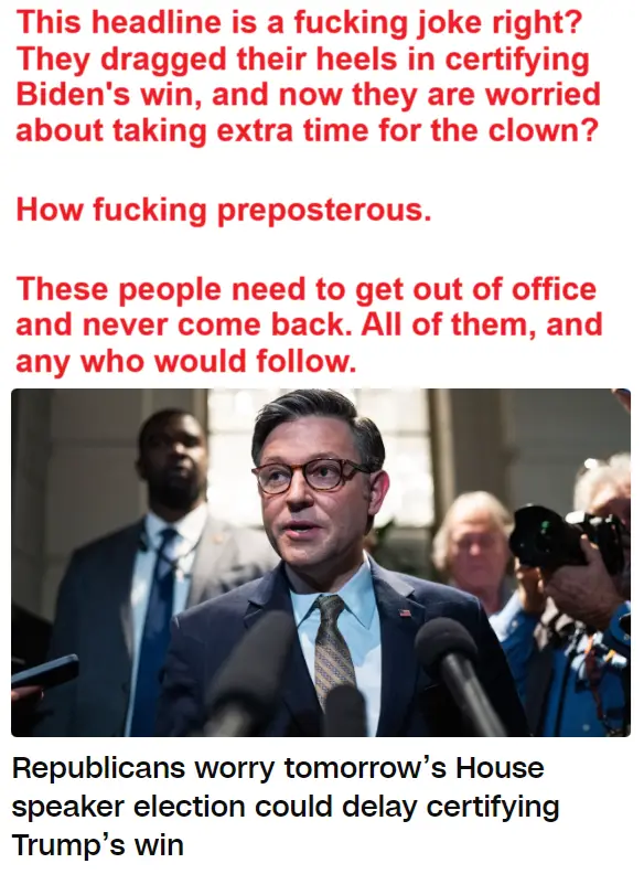 A photo of a man in a suit and glasses speaking at a press conference with microphones in front of him. Overlaid red text…