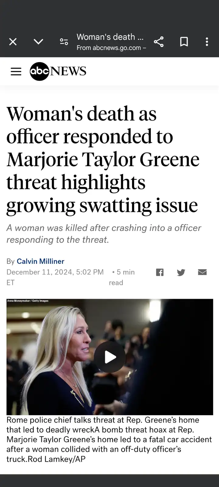 A screenshot of an abcnews.go.com article with a headline about a woman's death after an officer responded to a hoax threat…