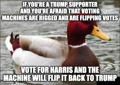 A mallard duck with a red head and yellow beak is shown floating in water. The image has white text overlaid in two blocks…