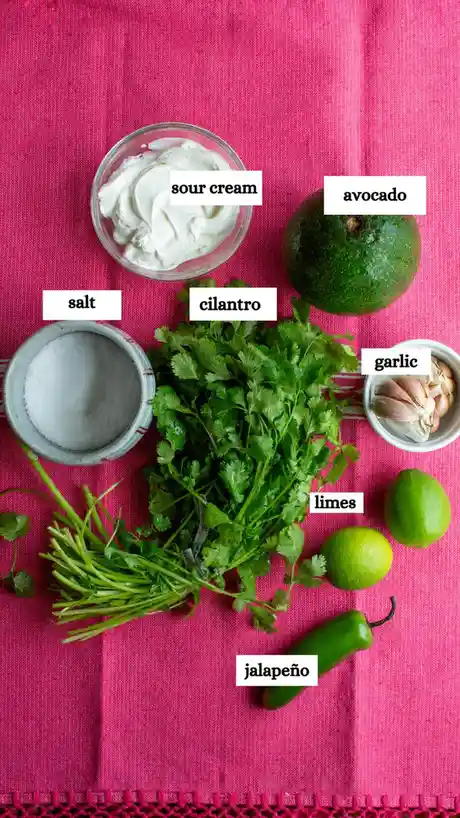 An overhead shot displays various ingredients for a Mexican-style sauce or dip arranged on a bright pink textured cloth…