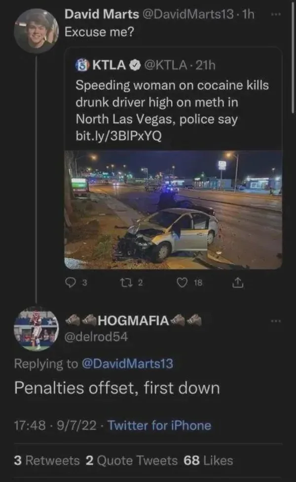 A screenshot of a Twitter thread shows a user named David Mars reposting a KTLA news tweet about a fatal car crash involving…