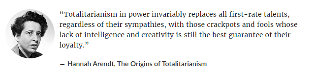 A black-and-white portrait of Hannah Arendt is shown with a quote overlaid in dark text: 'Totalitarianism in power…