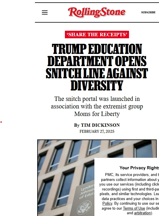 The image displays a fake Rolling Stone magazine article headline that reads 'TRUMP EDUCATION DEPARTMENT OPENS SNITCH LINE…