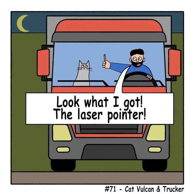 A cartoon illustration shows a man driving a large red and grey truck at night under a crescent moon. He is holding up a…