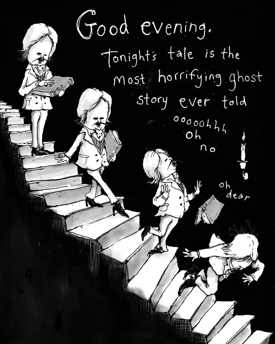 A black-and-white cartoon depicts four identical-looking figures in vintage attire descending a staircase. The figure at the…