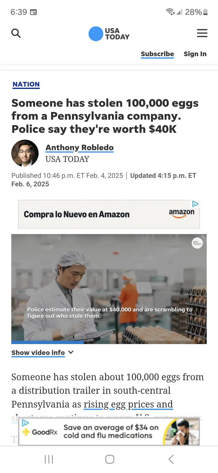 A screenshot of a USA TODAY news article headline about 100,000 eggs being stolen from a Pennsylvania company, valued at…