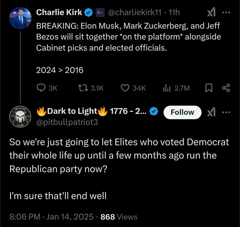 A screenshot of two tweets. The top tweet from verified user Charlie Kirk announces a fictional 'BREAKING' story about tech…