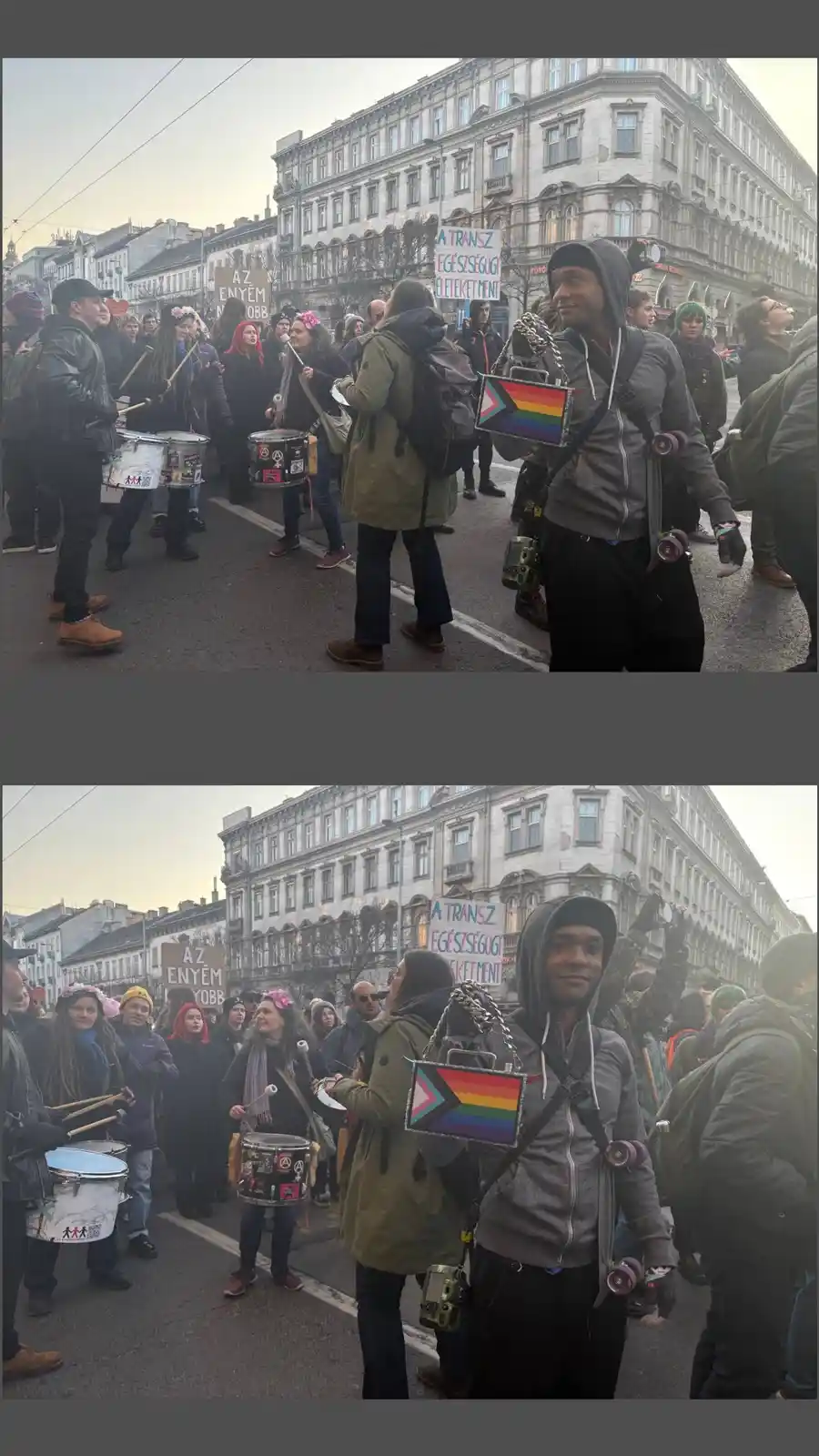 Two photos show a person at a street protest, wearing a hoodie and carrying a rainbow flag purse and a skateboard. In the…