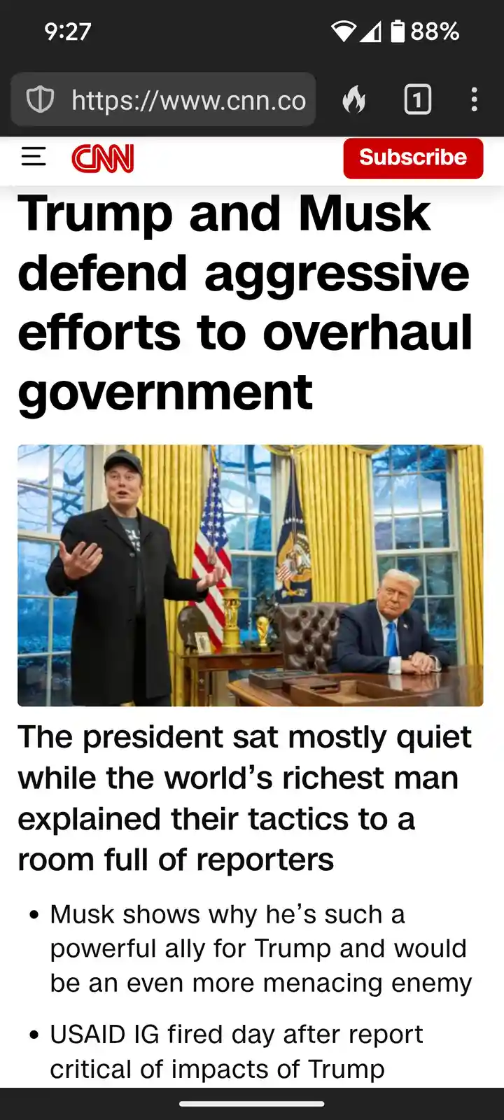 A screenshot of a CNN article shows Elon Musk standing and gesturing while Donald Trump sits quietly at a desk in an office…