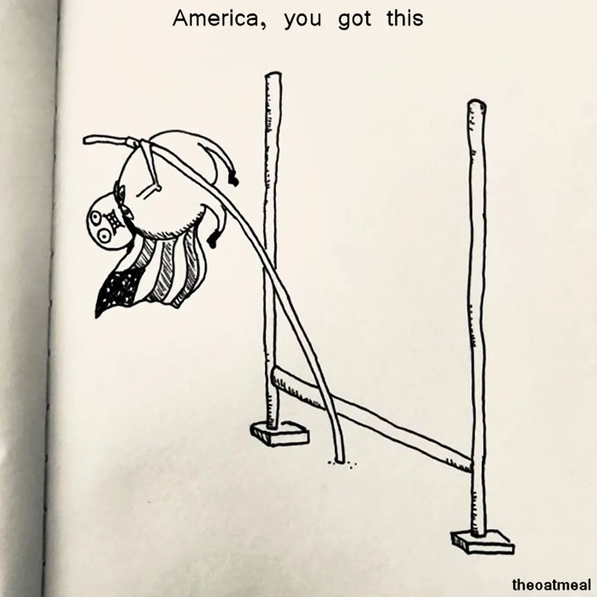 A black-and-white cartoon drawing shows a cartoonish figure wearing an American flag-themed outfit, hanging upside down from…