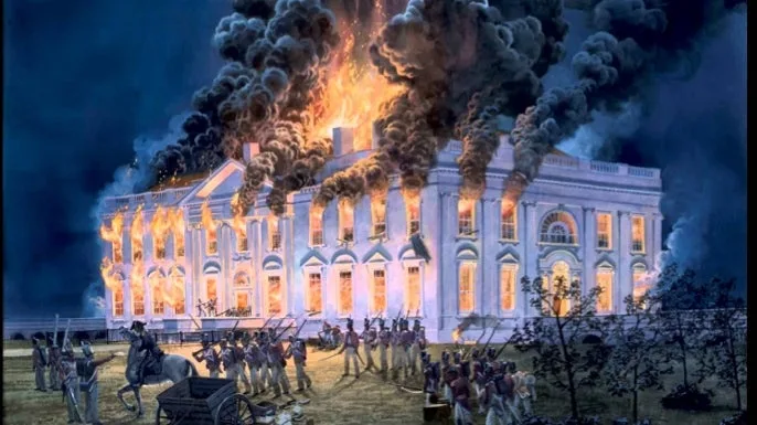 A historical painting depicts the White House engulfed in flames and thick black smoke at night, with soldiers in period…