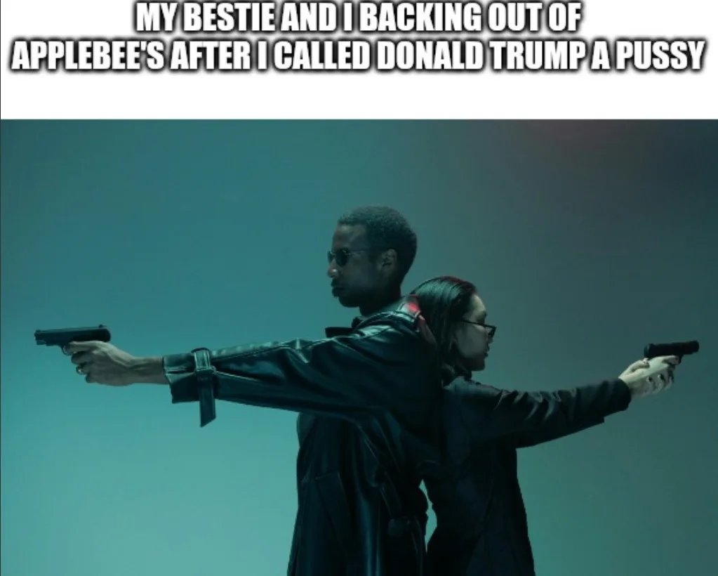 Two people stand back-to-back, each holding a handgun pointed forward, against a plain teal background. The text overlaid at…