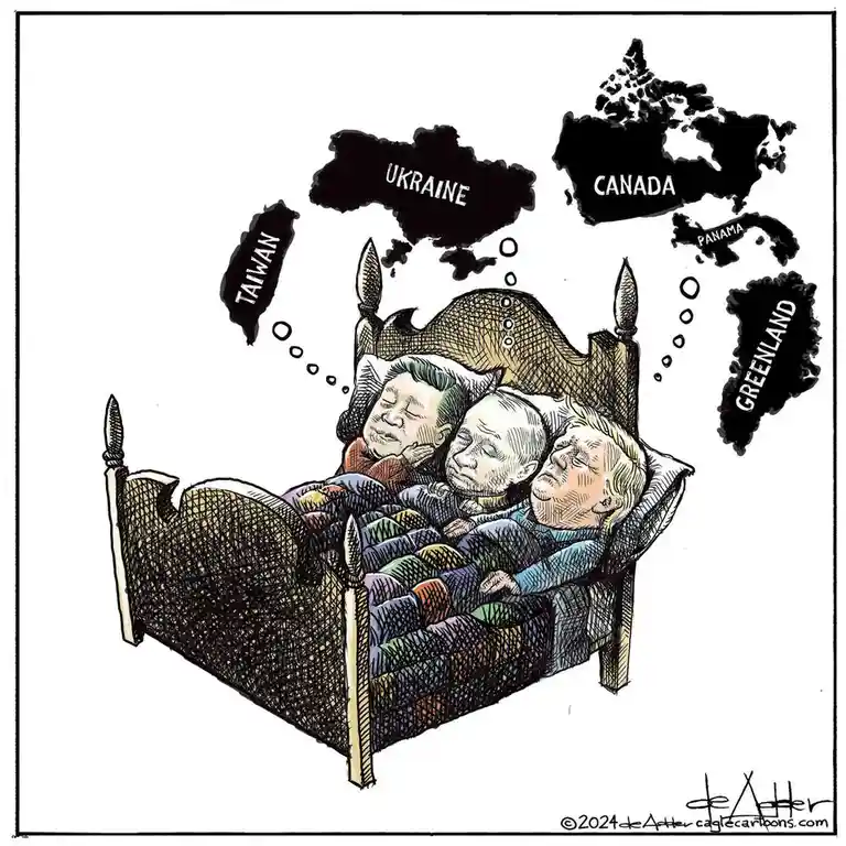 Three sleeping political figures are shown in a bed, with dream bubbles above their heads containing the outlines and names…
