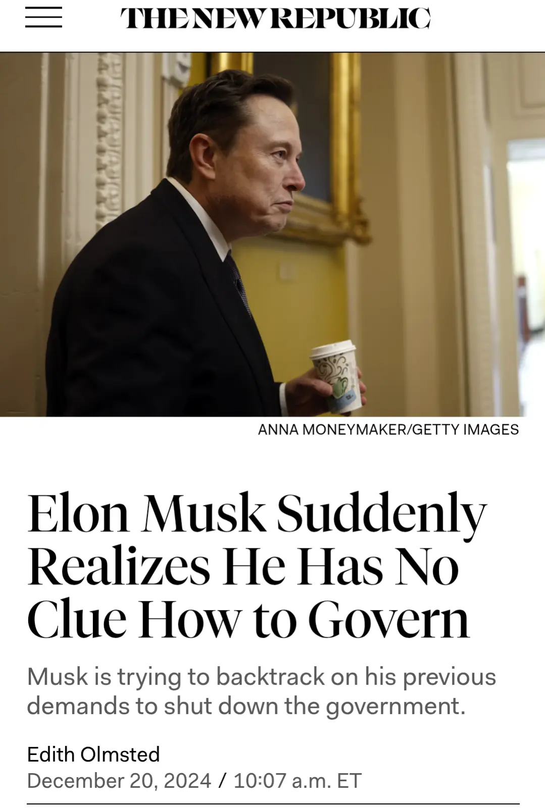 The image shows Elon Musk in profile, wearing a dark suit and holding a coffee cup, looking serious. It's overlaid with a…