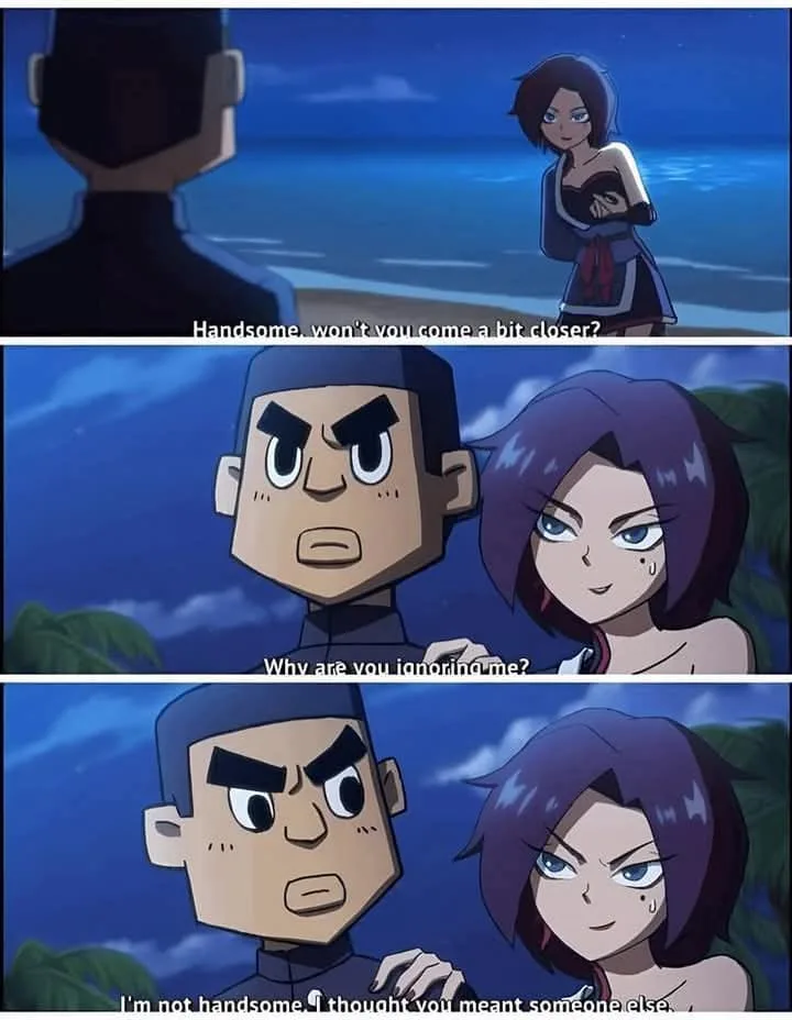 A three-panel anime meme featuring a woman asking a man to come closer, then asking why he's ignoring her, and finally…