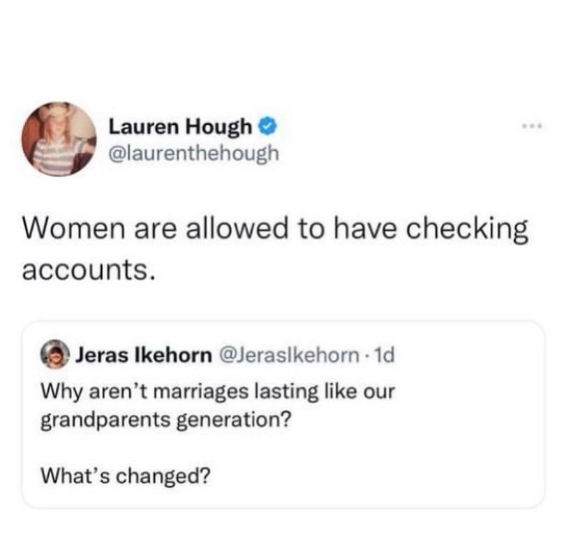 A screenshot of a Twitter thread shows Lauren Hough's tweet stating 'Women are allowed to have checking accounts.' Below it…